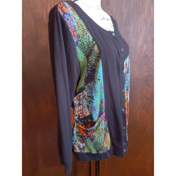 Parsley & Sage Womens Large Cardigan Button Artsy Wearable Art Colorful Black - Picture 5 of 7